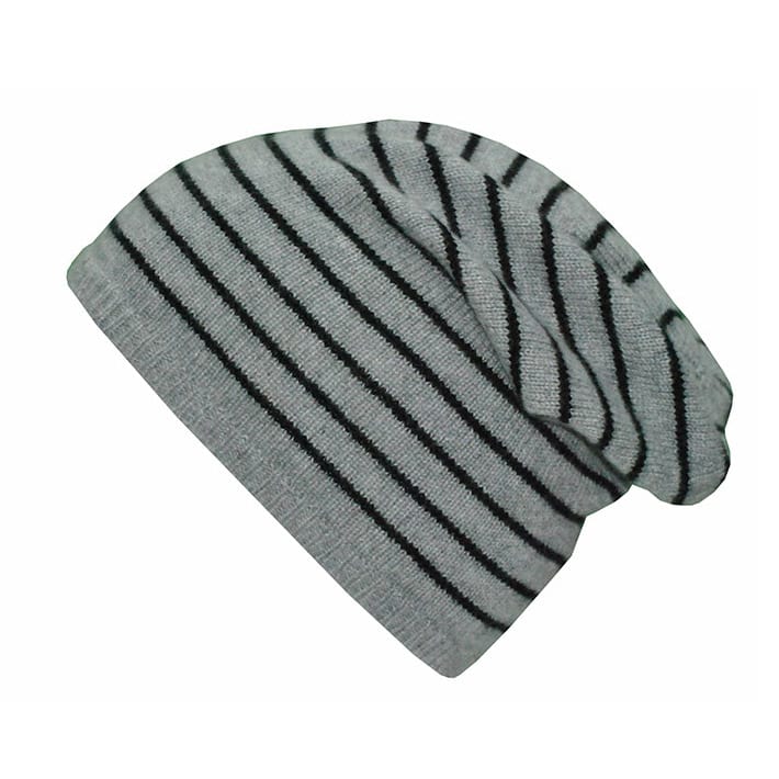 Grey knit beanie with black stripes