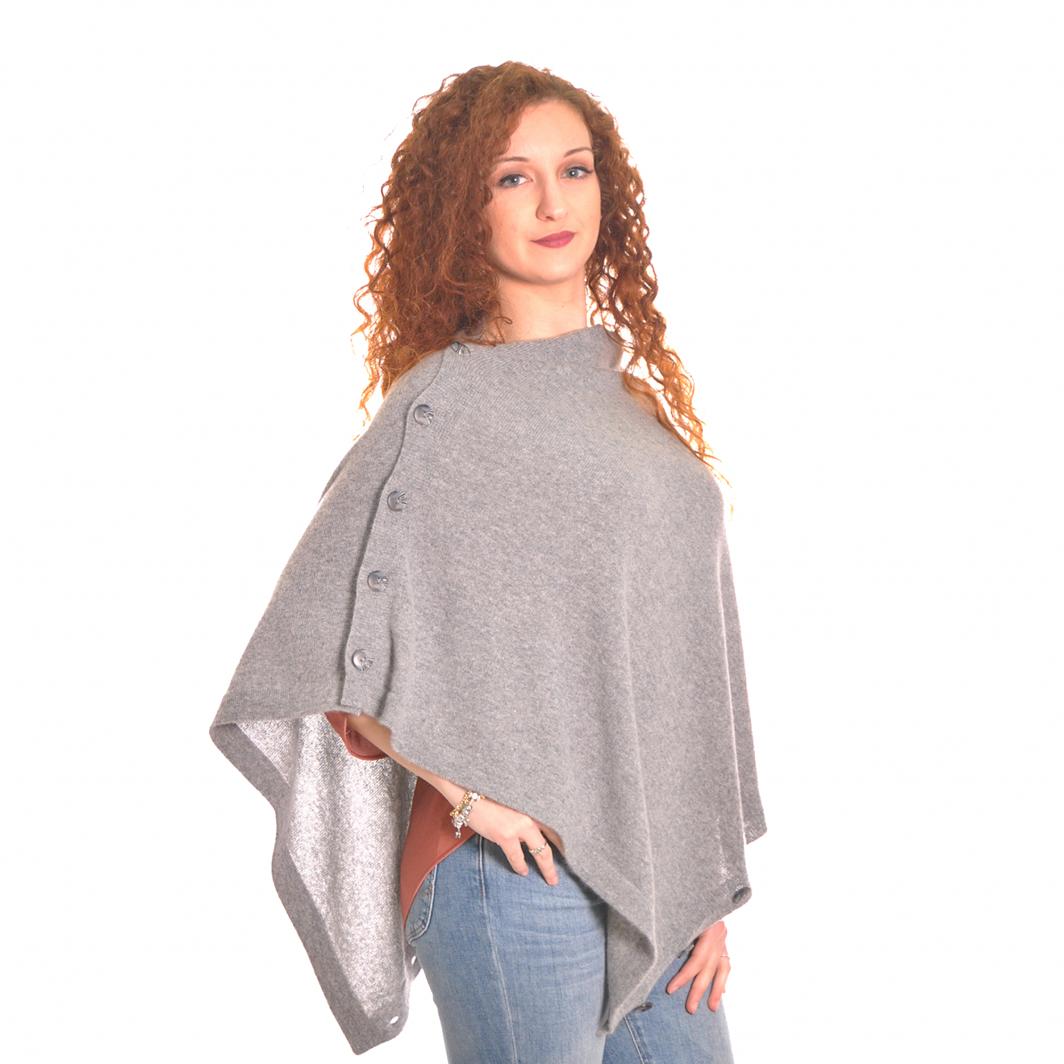 Cashmere Light Grey Button Poncho