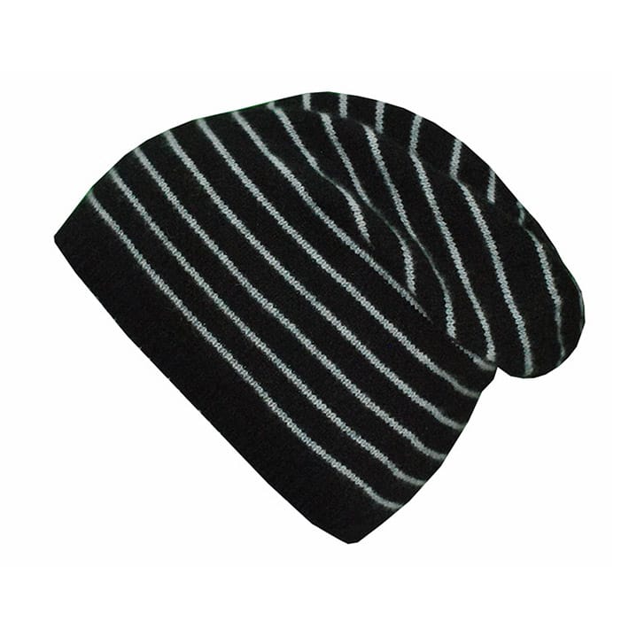 Black beanie with white stripes