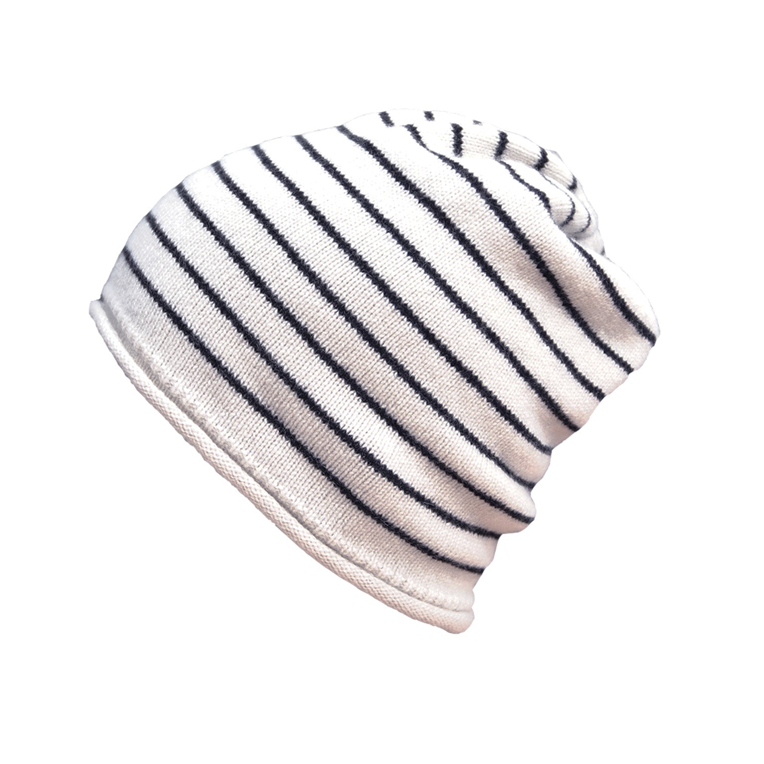 Cream Knit Beanie with Black Stripes